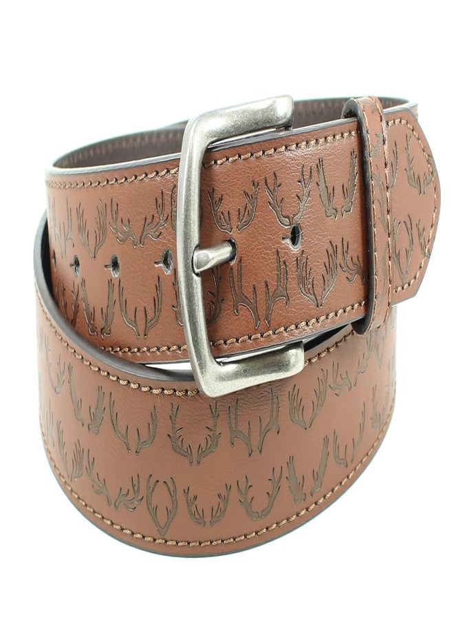 BC Belts حزام من الجلد مع مشبك معدني بعرض 1.5 بوصة مزود بأزرار كبس - حامل صيد على شكل غزال أو أيل أو موس (بني - كبير) - Image 2